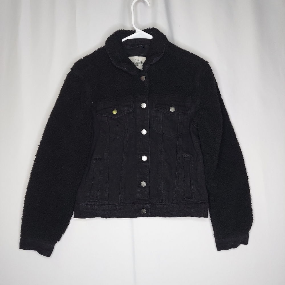 Ashley Vintage Charm Black Trucker Denim Sherpa Jacket Women Small Button Pocket